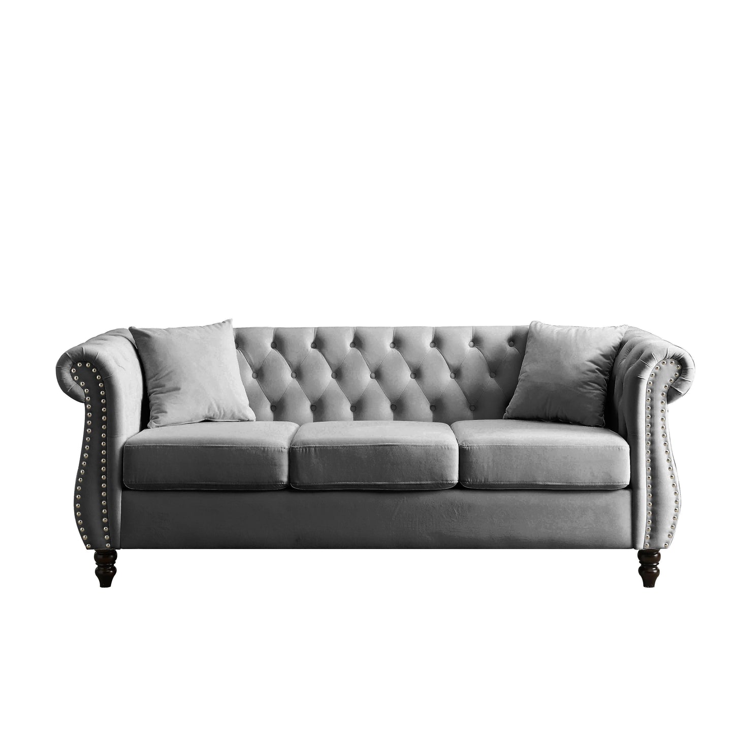 Divano Chesterfield in velluto 80 a 3 posti con design capitonné, finiture con borchie e 2 cuscini