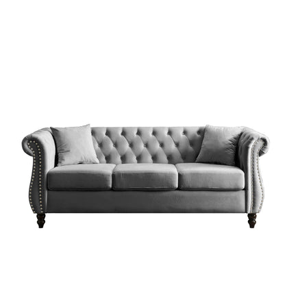 Divano Chesterfield in velluto 80 a 3 posti con design capitonné, finiture con borchie e 2 cuscini