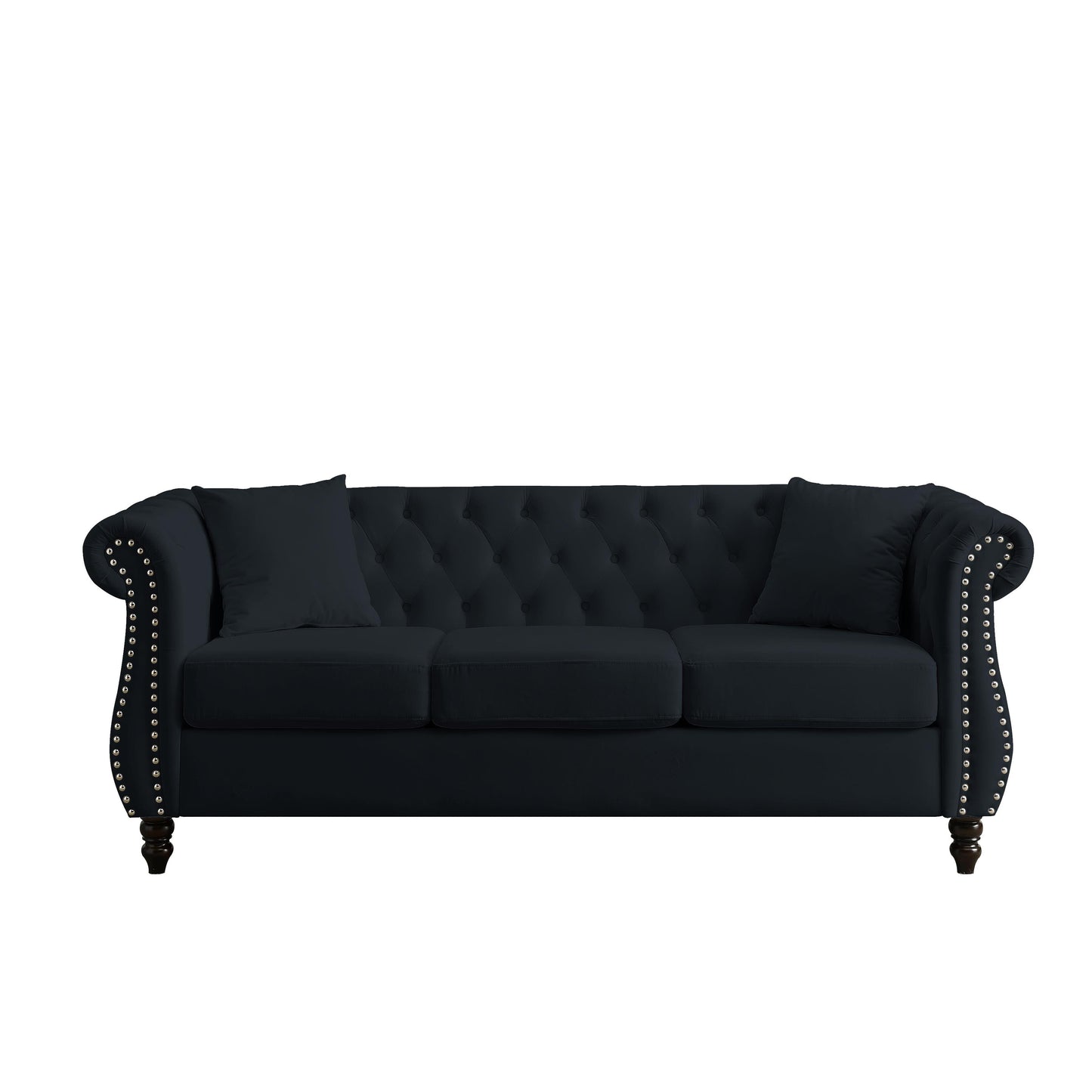 Divano Chesterfield in velluto 80 a 3 posti con design capitonné, finiture con borchie e 2 cuscini