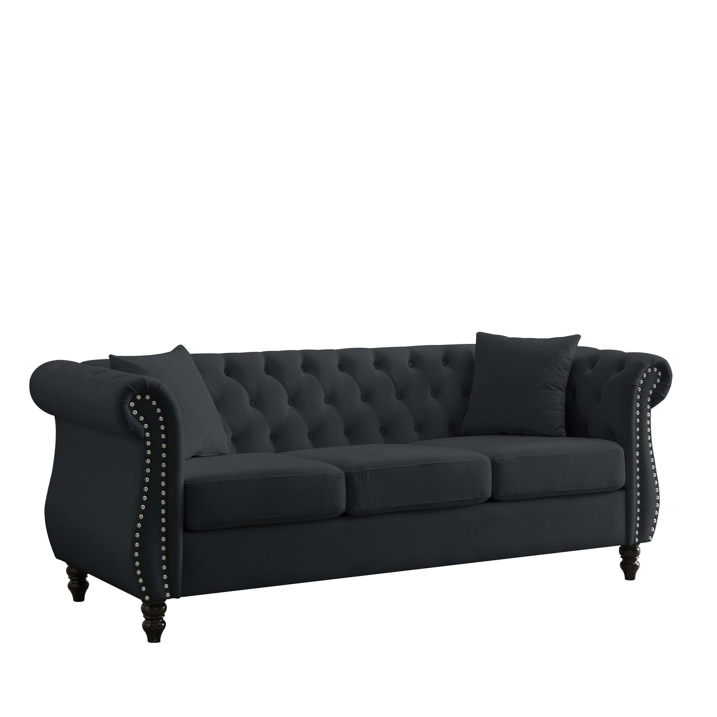 Divano Chesterfield in velluto 80 a 3 posti con design capitonné, finiture con borchie e 2 cuscini