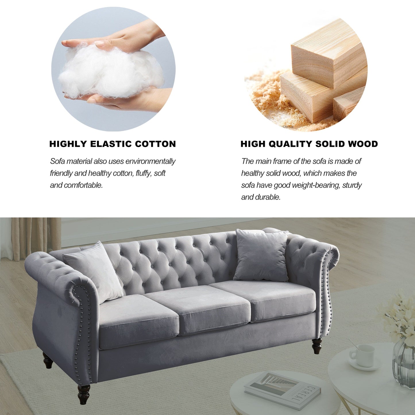 Divano Chesterfield in velluto 80 a 3 posti con design capitonné, finiture con borchie e 2 cuscini