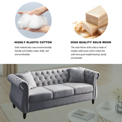 Divano Chesterfield in velluto 80 a 3 posti con design capitonné, finiture con borchie e 2 cuscini