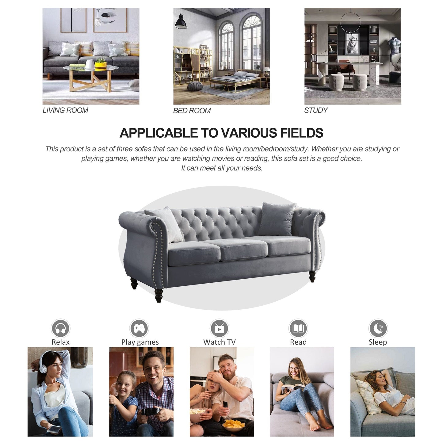 Divano Chesterfield in velluto 80 a 3 posti con design capitonné, finiture con borchie e 2 cuscini
