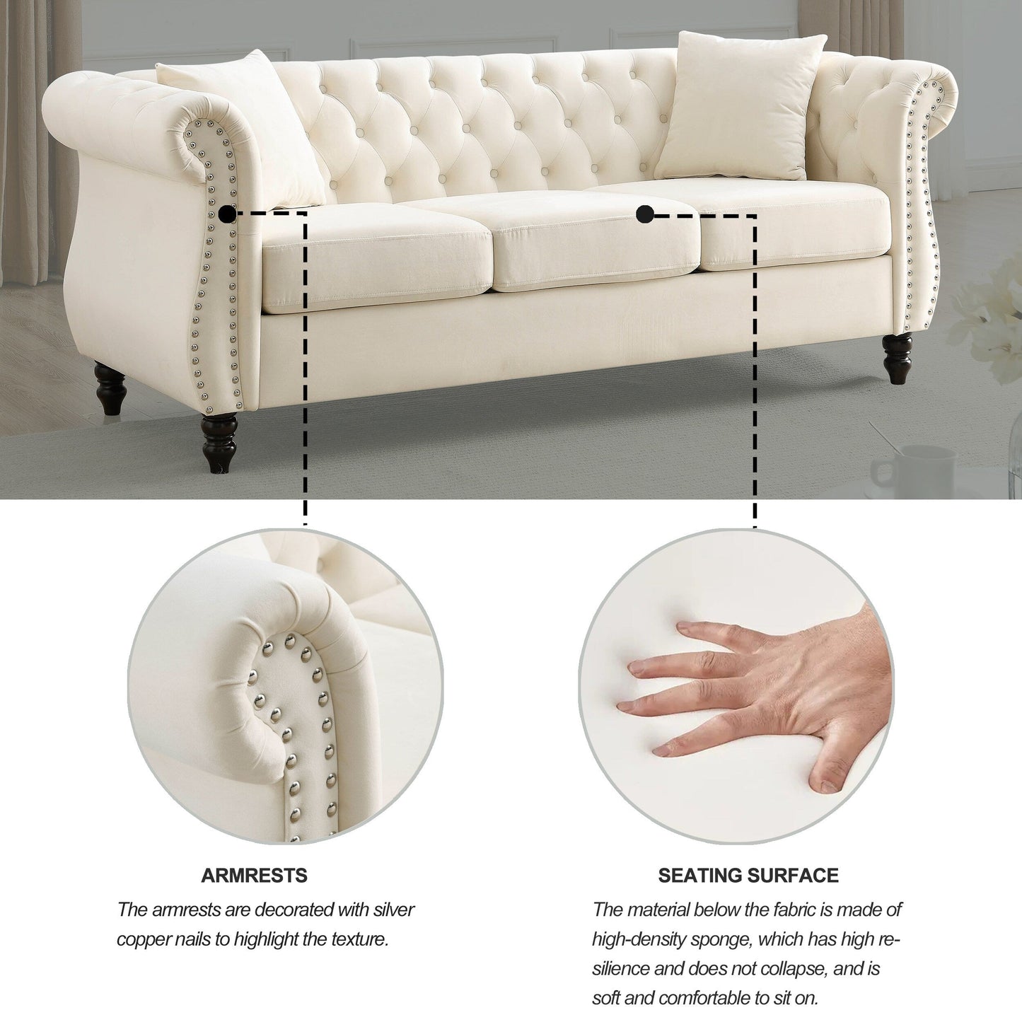 Divano Chesterfield in velluto 80 a 3 posti con design capitonné, finiture con borchie e 2 cuscini