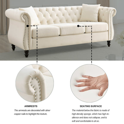 Divano Chesterfield in velluto 80 a 3 posti con design capitonné, finiture con borchie e 2 cuscini