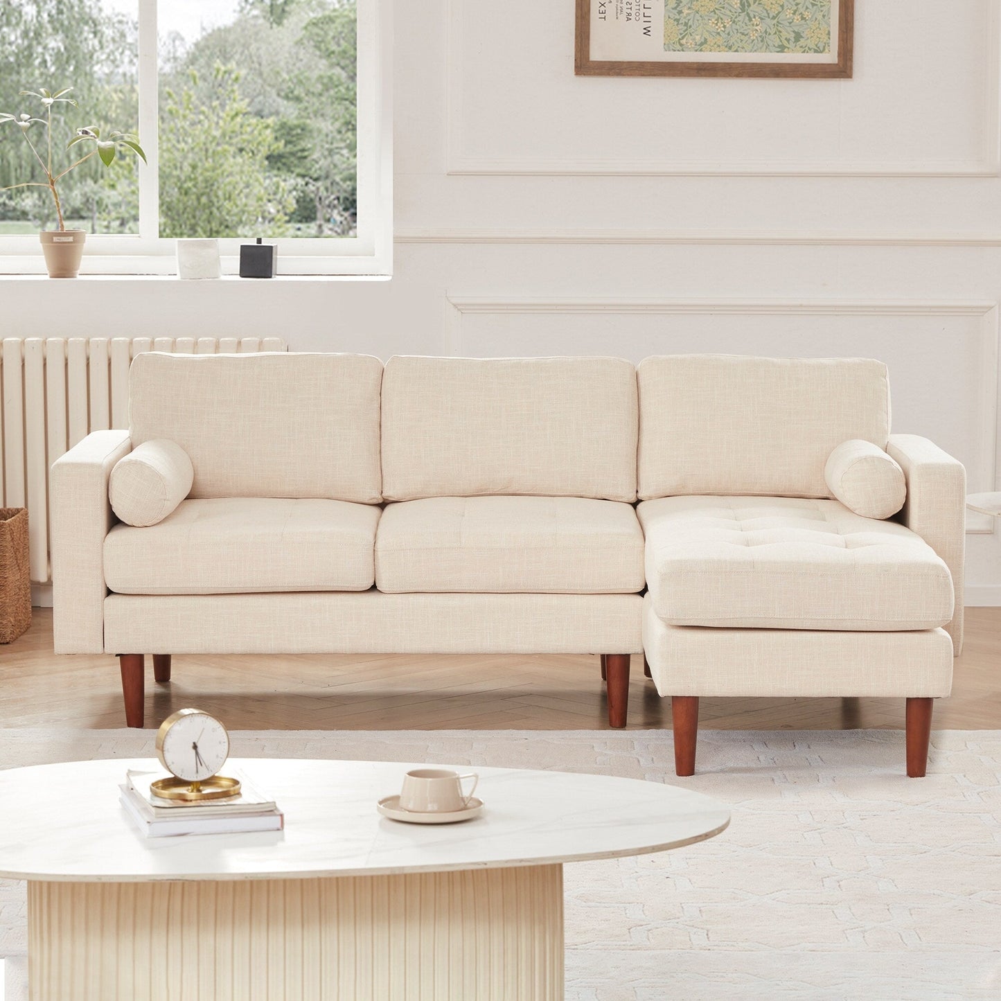 Divano componibile a L da 80'' in lino a 3 posti con chaise longue reversibile, cuscini di seduta trapuntati, robusta struttura in legno