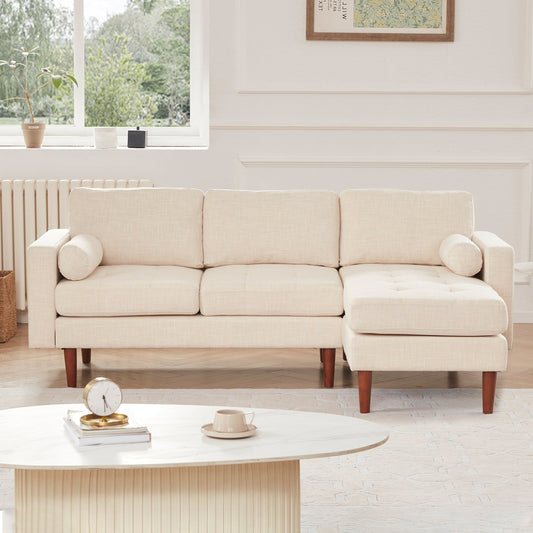 Divano componibile a L da 80'' in lino a 3 posti con chaise longue reversibile, cuscini di seduta trapuntati, robusta struttura in legno