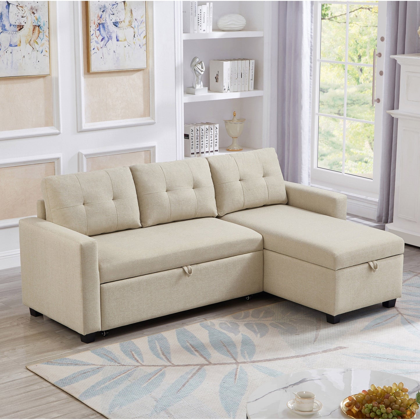 Divano letto imbottito trasformabile a 3 posti da 81,5'' con letto estraibile, chaise longue contenitore reversibile e cuscini per lo schienale