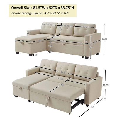 Divano letto imbottito trasformabile a 3 posti da 81,5'' con letto estraibile, chaise longue contenitore reversibile e cuscini per lo schienale