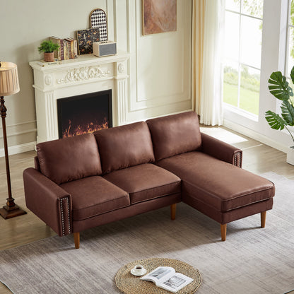 Divano a L in pelle scamosciata da 82,2'' con chaise longue destra, struttura in legno massello e dettagli in borchie in rame