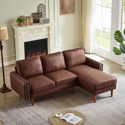 Divano a L in pelle scamosciata da 82,2'' con chaise longue destra, struttura in legno massello e dettagli in borchie in rame