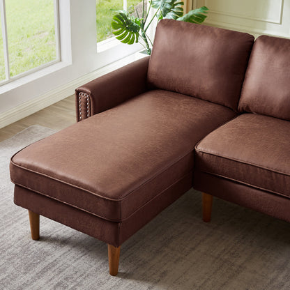 Divano a L in pelle scamosciata da 82,2'' con chaise longue destra, struttura in legno massello e dettagli in borchie in rame