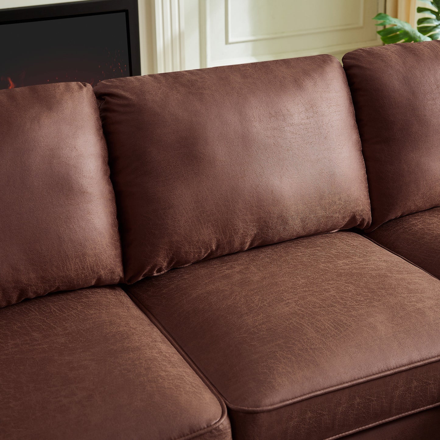 Divano a L in pelle scamosciata da 82,2'' con chaise longue destra, struttura in legno massello e dettagli in borchie in rame