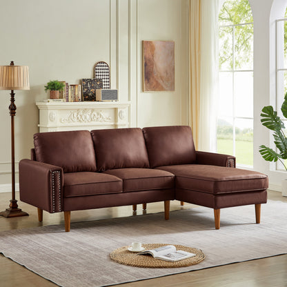 Divano a L in pelle scamosciata da 82,2'' con chaise longue destra, struttura in legno massello e dettagli in borchie in rame