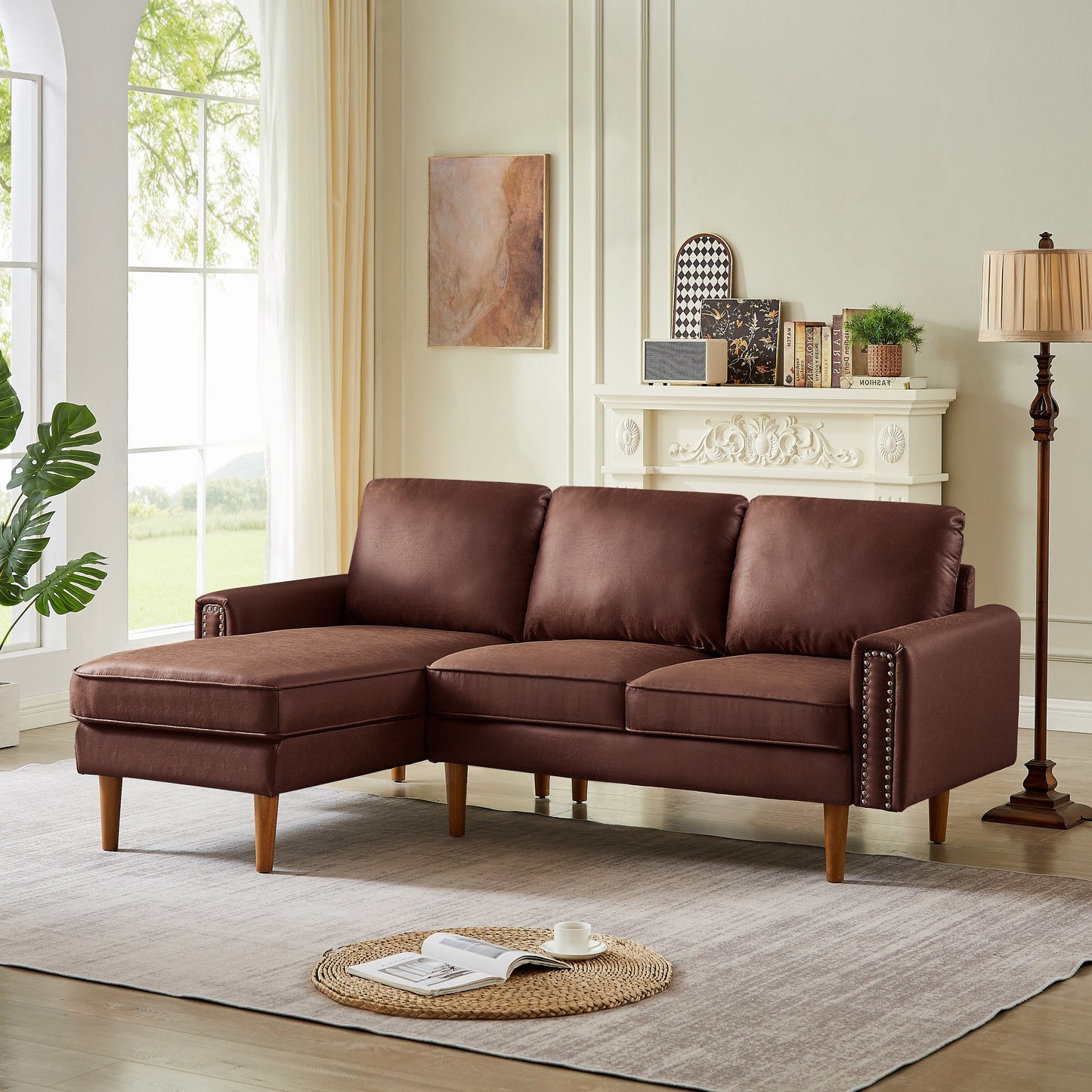 Divano a L in pelle scamosciata da 82,2'' con chaise longue destra, struttura in legno massello e dettagli in borchie in rame
