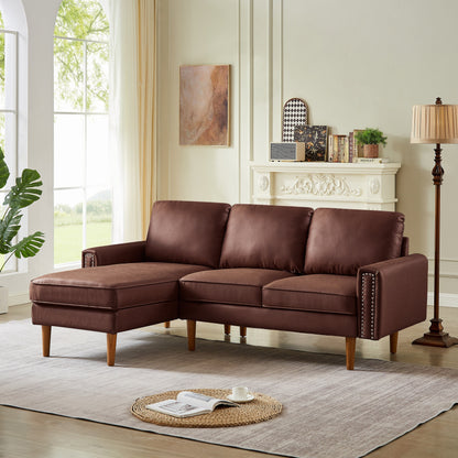 Divano a L in pelle scamosciata da 82,2'' con chaise longue destra, struttura in legno massello e dettagli in borchie in rame