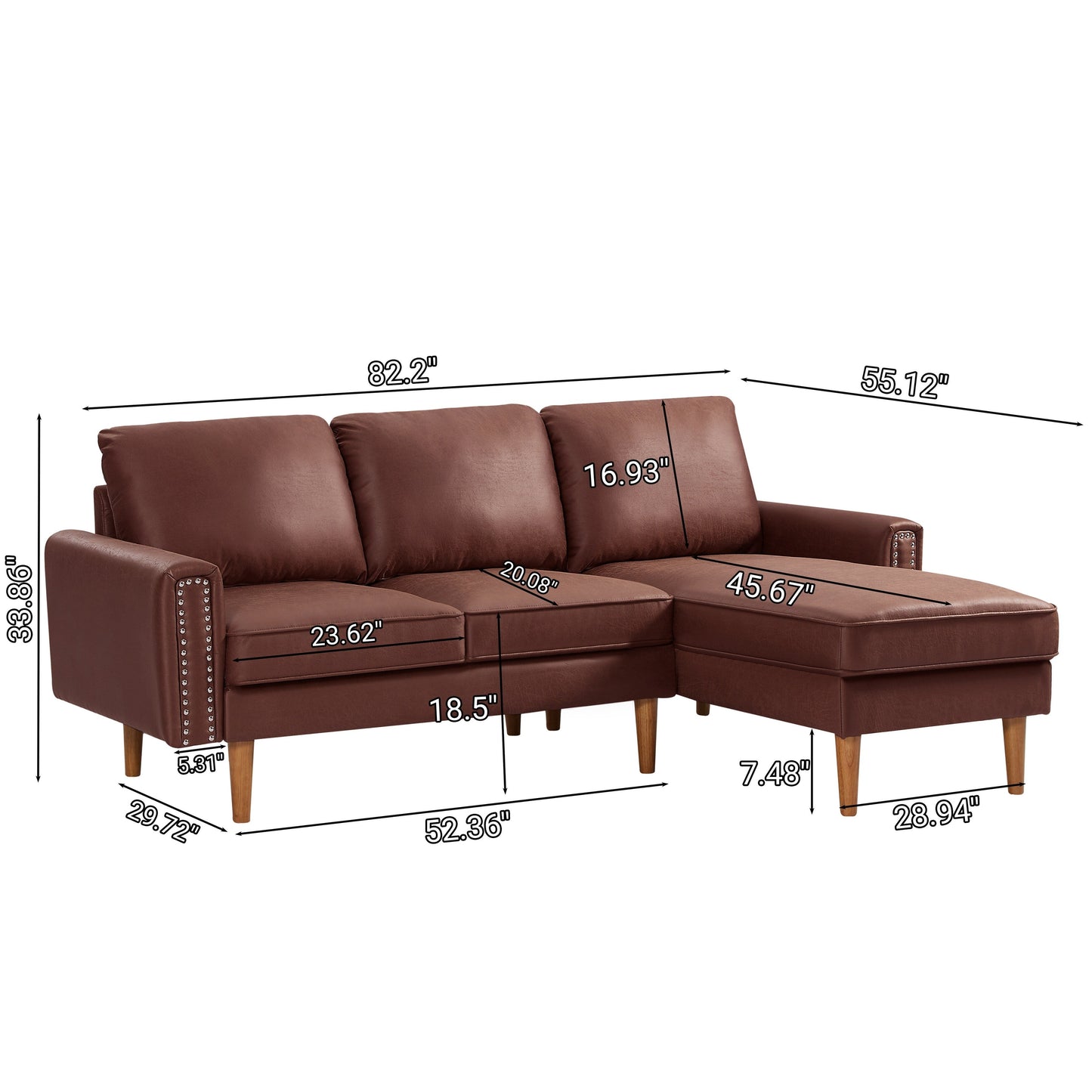 Divano a L in pelle scamosciata da 82,2'' con chaise longue destra, struttura in legno massello e dettagli in borchie in rame