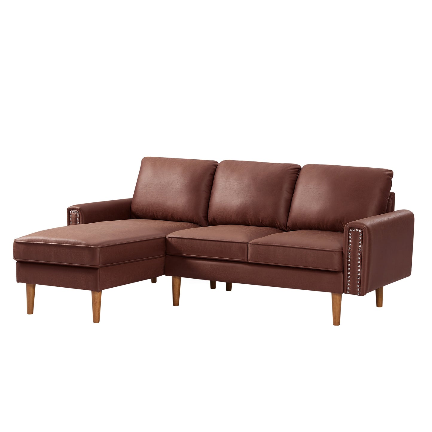 Divano a L in pelle scamosciata da 82,2'' con chaise longue destra, struttura in legno massello e dettagli in borchie in rame