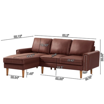 Divano a L in pelle scamosciata da 82,2'' con chaise longue destra, struttura in legno massello e dettagli in borchie in rame
