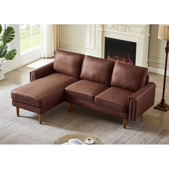 Divano a L in pelle scamosciata da 82,2'' con chaise longue destra, struttura in legno massello e dettagli in borchie in rame