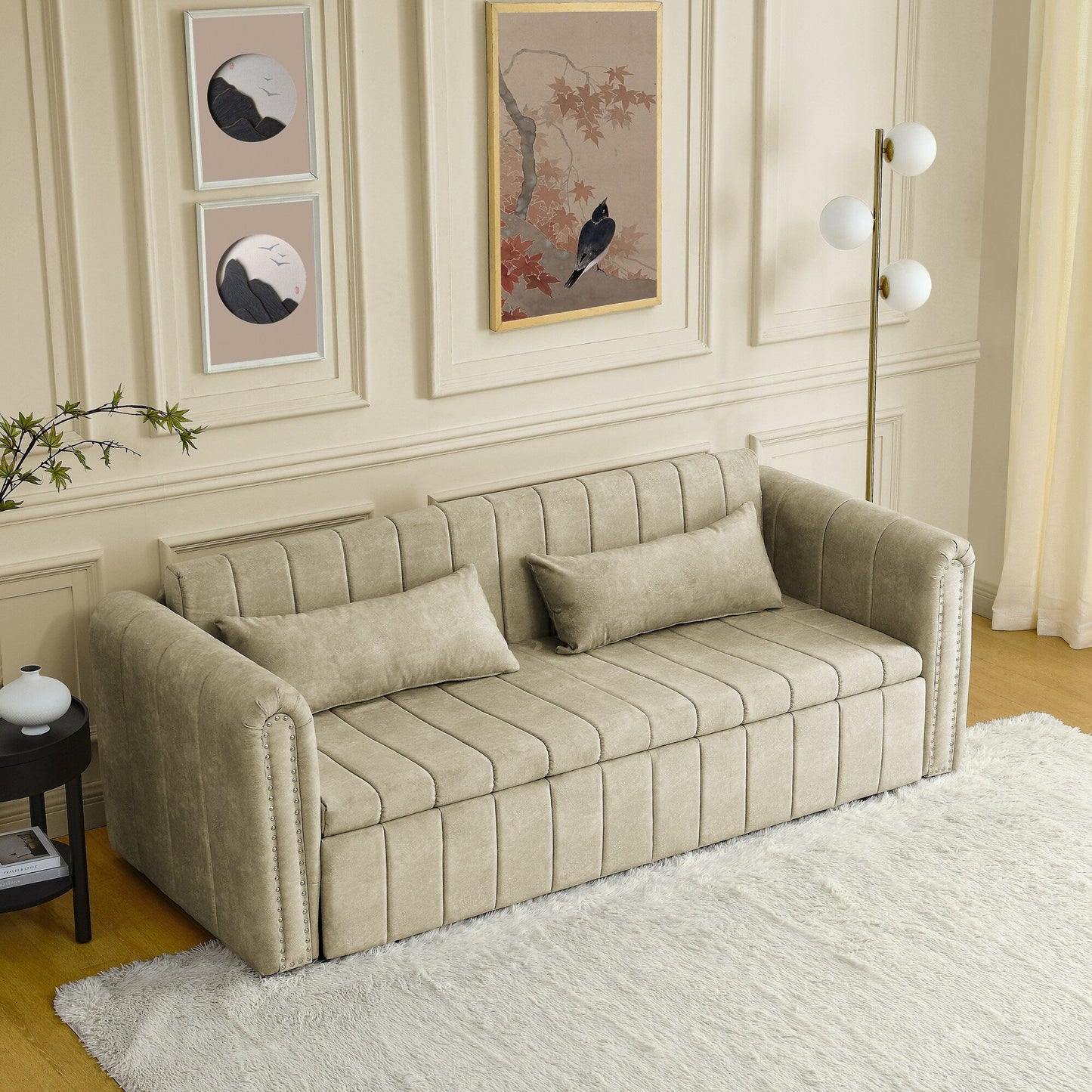 Divano a 3 posti in velluto da 82,3'' con braccioli arrotolati, letto matrimoniale estraibile, due cassetti e due cuscini
