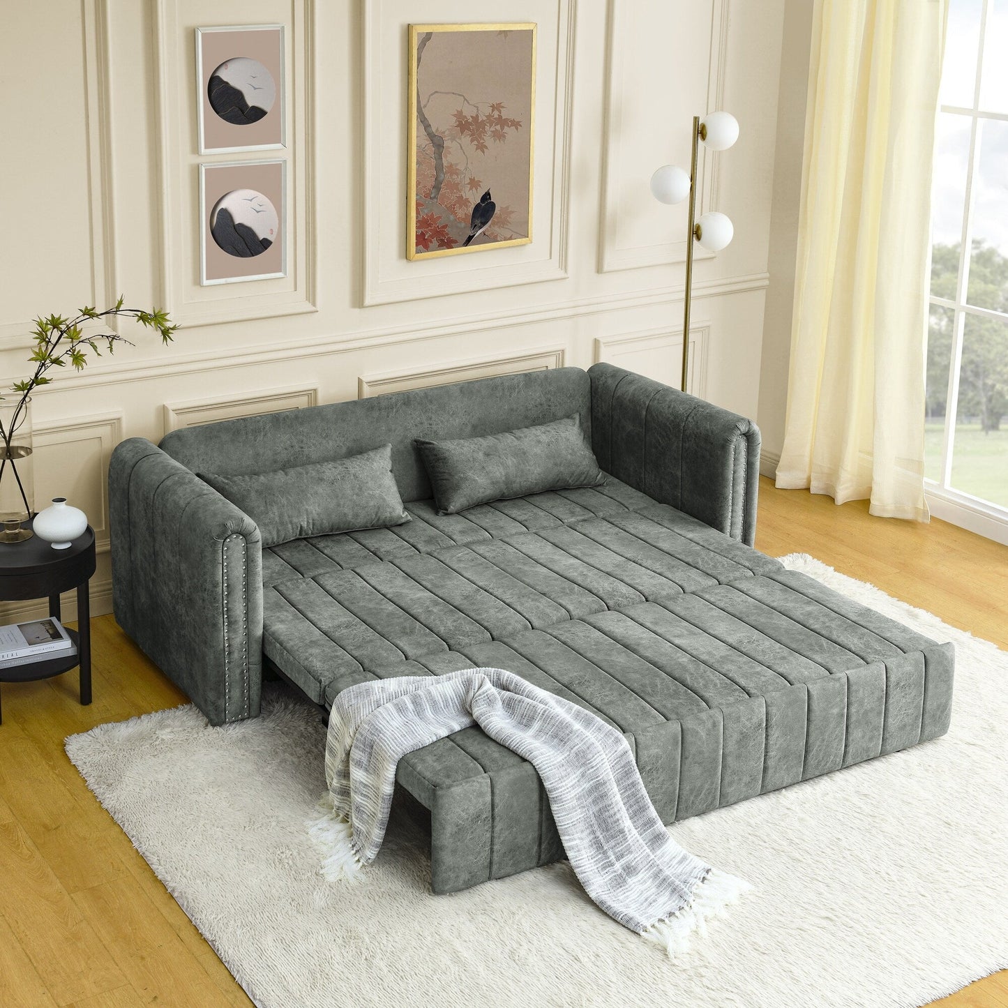 Divano a 3 posti in velluto da 82,3'' con braccioli arrotolati, letto matrimoniale estraibile, due cassetti e due cuscini