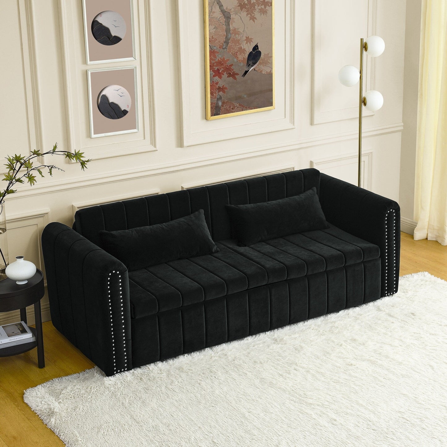 Divano a 3 posti in velluto da 82,3'' con braccioli arrotolati, letto matrimoniale estraibile, due cassetti e due cuscini