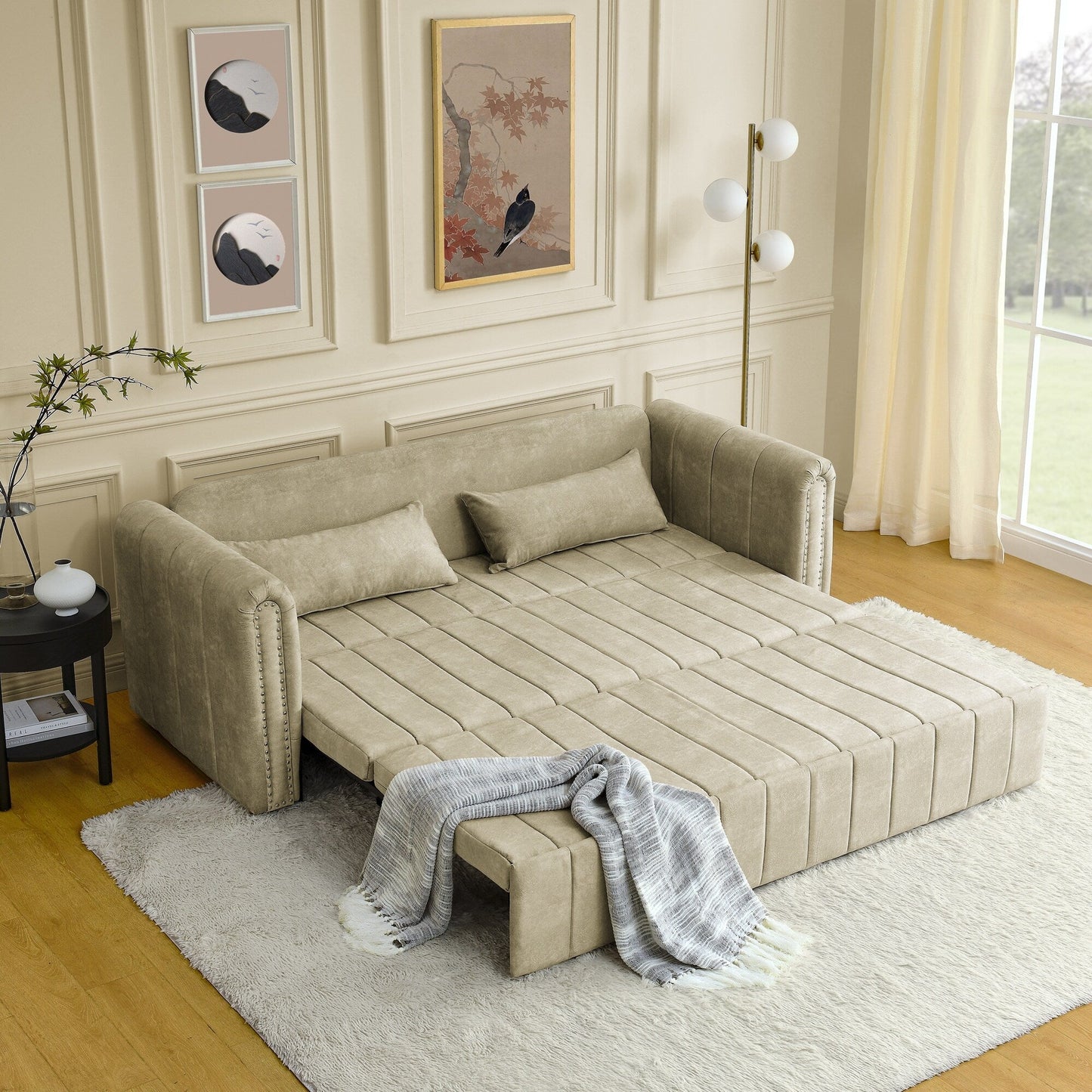 Divano a 3 posti in velluto da 82,3'' con braccioli arrotolati, letto matrimoniale estraibile, due cassetti e due cuscini