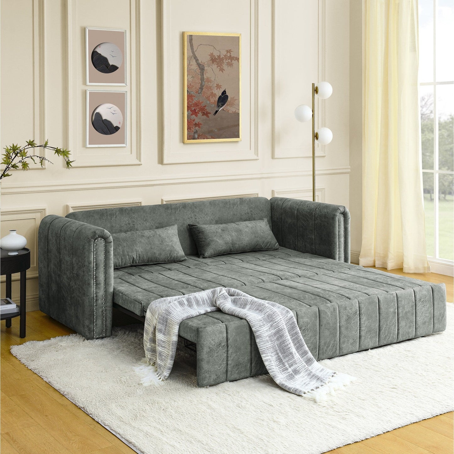 Divano a 3 posti in velluto da 82,3'' con braccioli arrotolati, letto matrimoniale estraibile, due cassetti e due cuscini