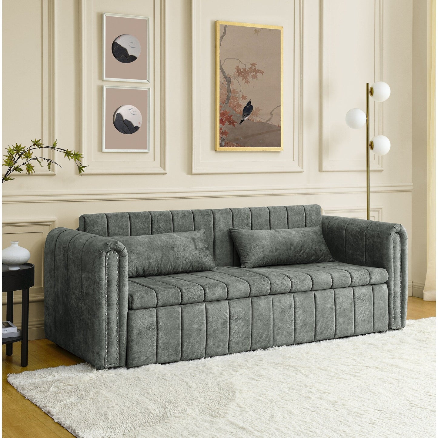 Divano a 3 posti in velluto da 82,3'' con braccioli arrotolati, letto matrimoniale estraibile, due cassetti e due cuscini