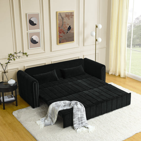 Divano a 3 posti in velluto da 82,3'' con braccioli arrotolati, letto matrimoniale estraibile, due cassetti e due cuscini