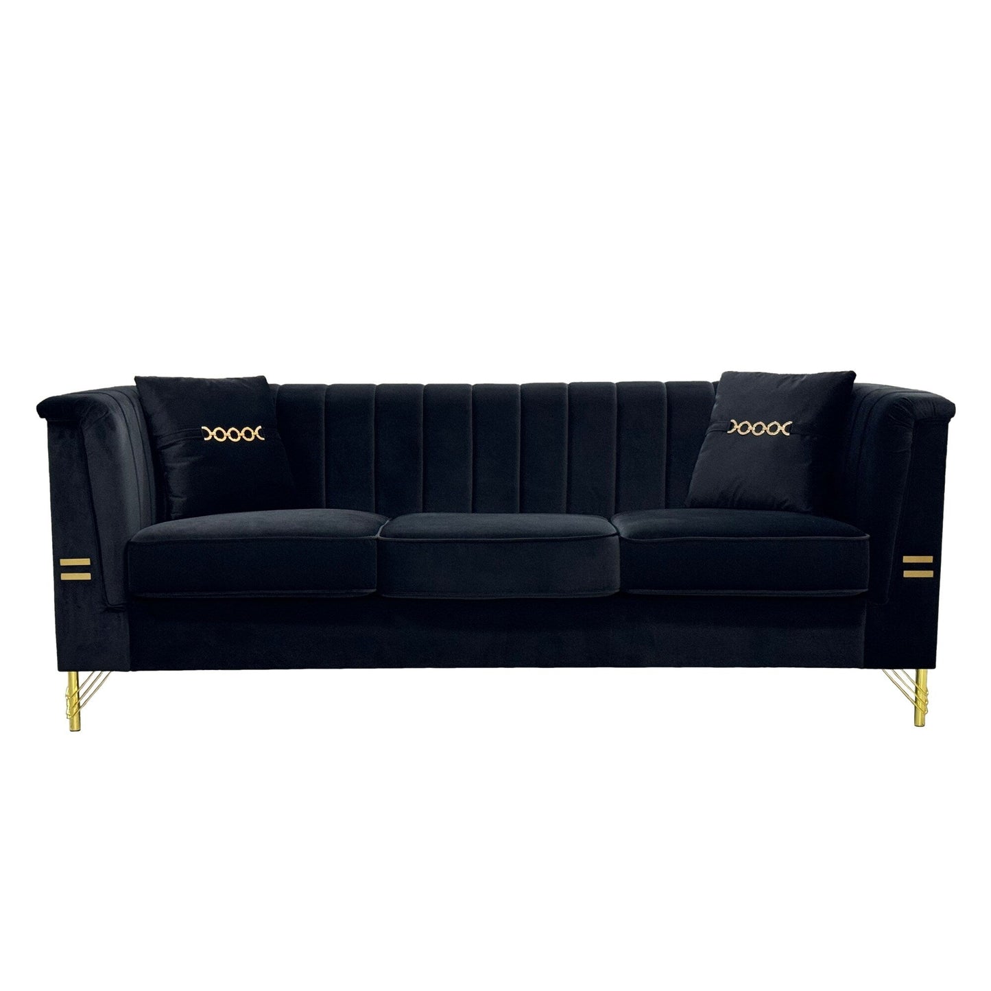 Divano moderno in velluto a 3 posti 82.67, schienale capitonné con canali verticali, gambe in metallo dorato, stile Chesterfield