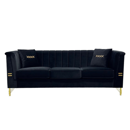 Divano moderno in velluto a 3 posti 82.67, schienale capitonné con canali verticali, gambe in metallo dorato, stile Chesterfield