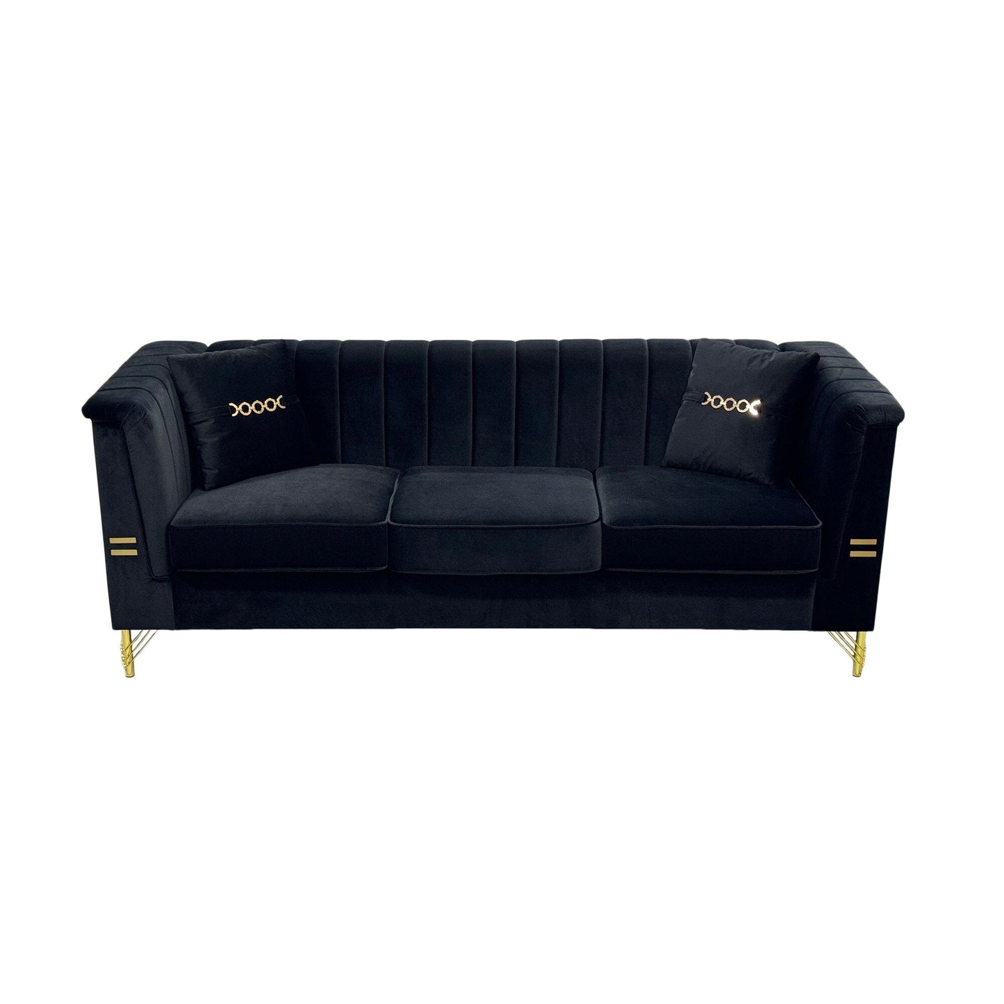 Divano moderno in velluto a 3 posti 82.67, schienale capitonné con canali verticali, gambe in metallo dorato, stile Chesterfield