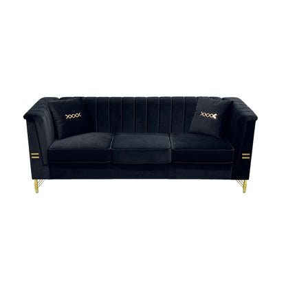 Divano moderno in velluto a 3 posti 82.67, schienale capitonné con canali verticali, gambe in metallo dorato, stile Chesterfield