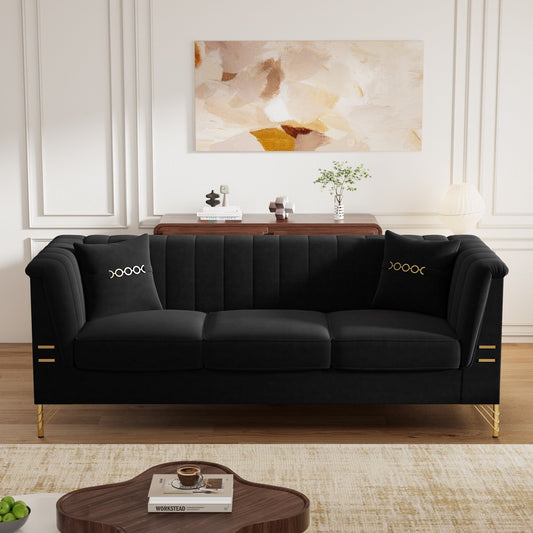 Divano moderno in velluto a 3 posti 82.67, schienale capitonné con canali verticali, gambe in metallo dorato, stile Chesterfield