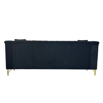 Divano moderno in velluto a 3 posti 82.67, schienale capitonné con canali verticali, gambe in metallo dorato, stile Chesterfield