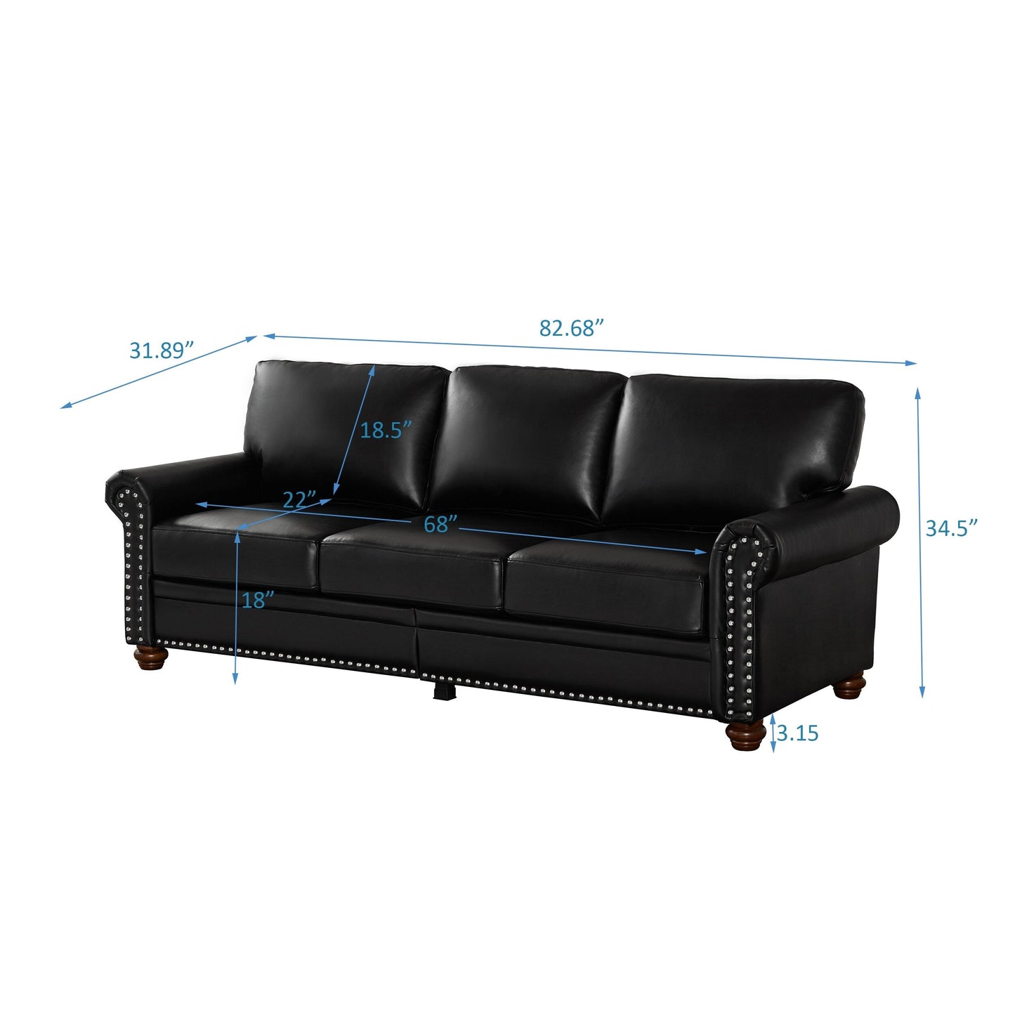 Divano a 3 posti in similpelle con contenitore, struttura in legno massello e metallo, supporto a 6 gambe, contenitori sotto il sedile