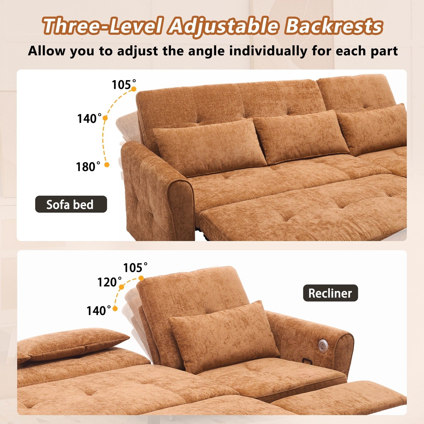 Divano letto 2 in 1 in ciniglia 82 con schienale regolabile, chaise longue reversibile, porte di ricarica USB