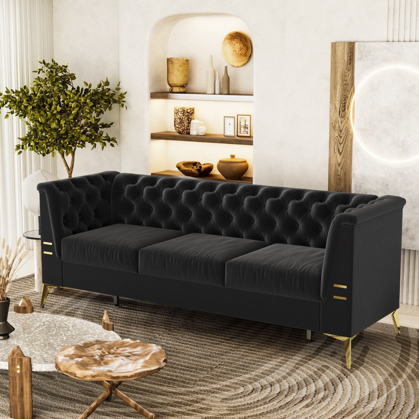 Divano moderno in velluto a 3 posti da 82'' con design capitonné e gambe in metallo dorato
