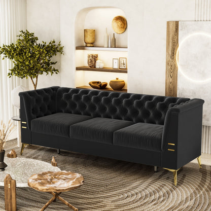 Divano moderno in velluto a 3 posti da 82'' con design capitonné e gambe in metallo dorato