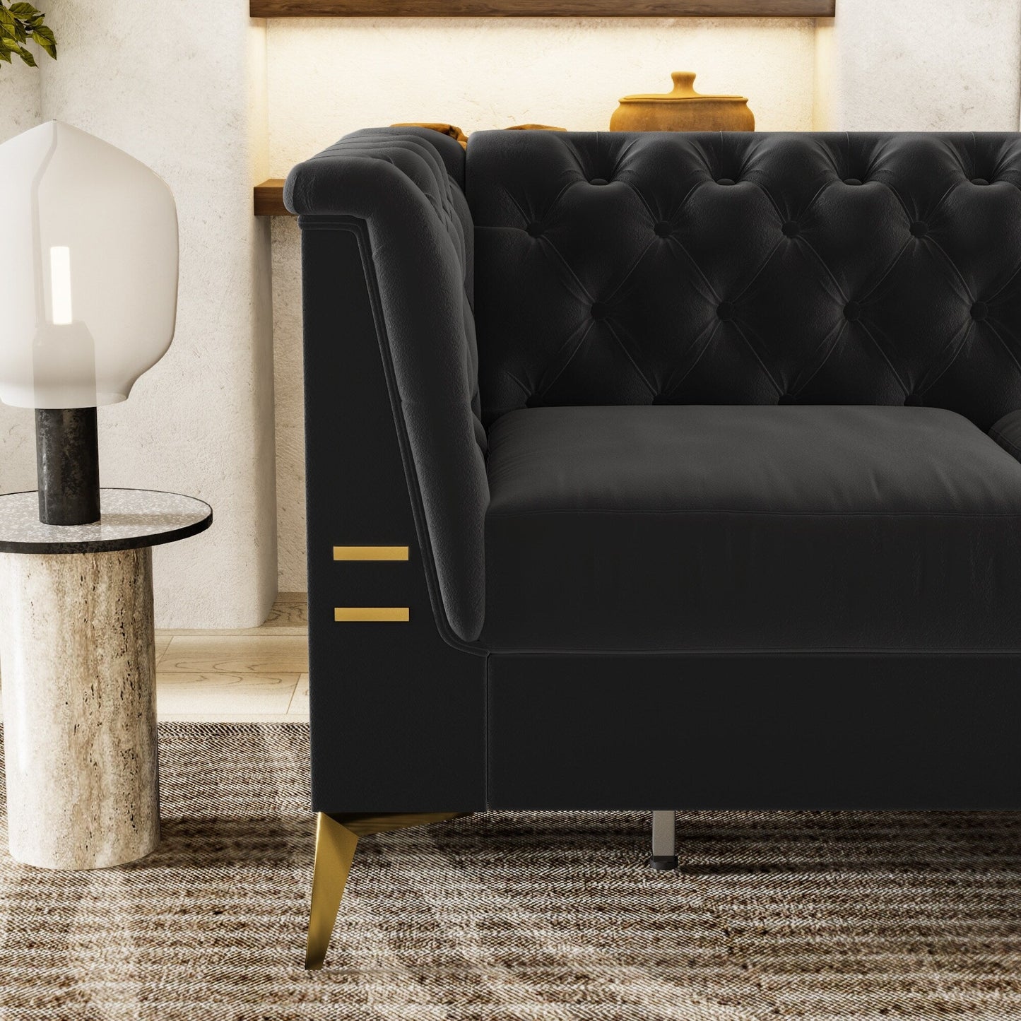 Divano moderno in velluto a 3 posti da 82'' con design capitonné e gambe in metallo dorato
