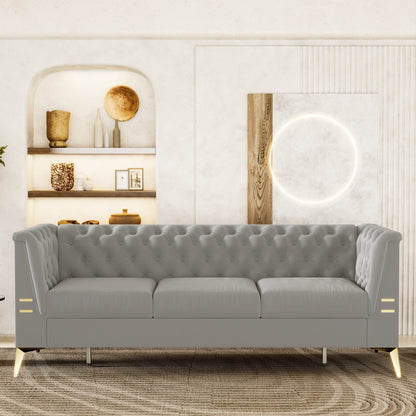 Divano Chesterfield in velluto da 82'' a 3 posti con gambe in metallo dorato, spugna ad alto rimbalzo e cuscini rimovibili