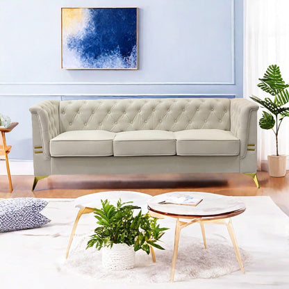 Divano Chesterfield in velluto da 82'' a 3 posti con gambe in metallo dorato, spugna ad alto rimbalzo e cuscini rimovibili
