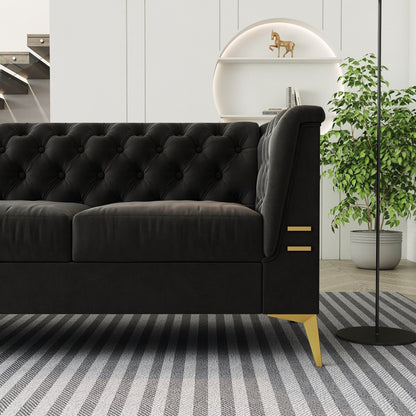 Divano Chesterfield in velluto da 82'' a 3 posti con gambe in metallo dorato, spugna ad alto rimbalzo e cuscini rimovibili