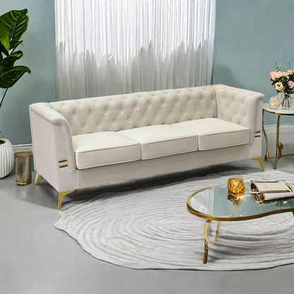 Divano Chesterfield in velluto da 82'' a 3 posti con gambe in metallo dorato, spugna ad alto rimbalzo e cuscini rimovibili