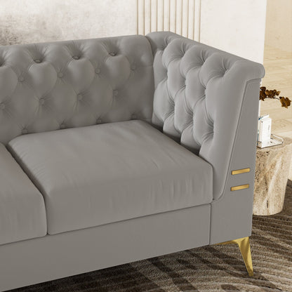 Divano Chesterfield in velluto da 82'' a 3 posti con gambe in metallo dorato, spugna ad alto rimbalzo e cuscini rimovibili