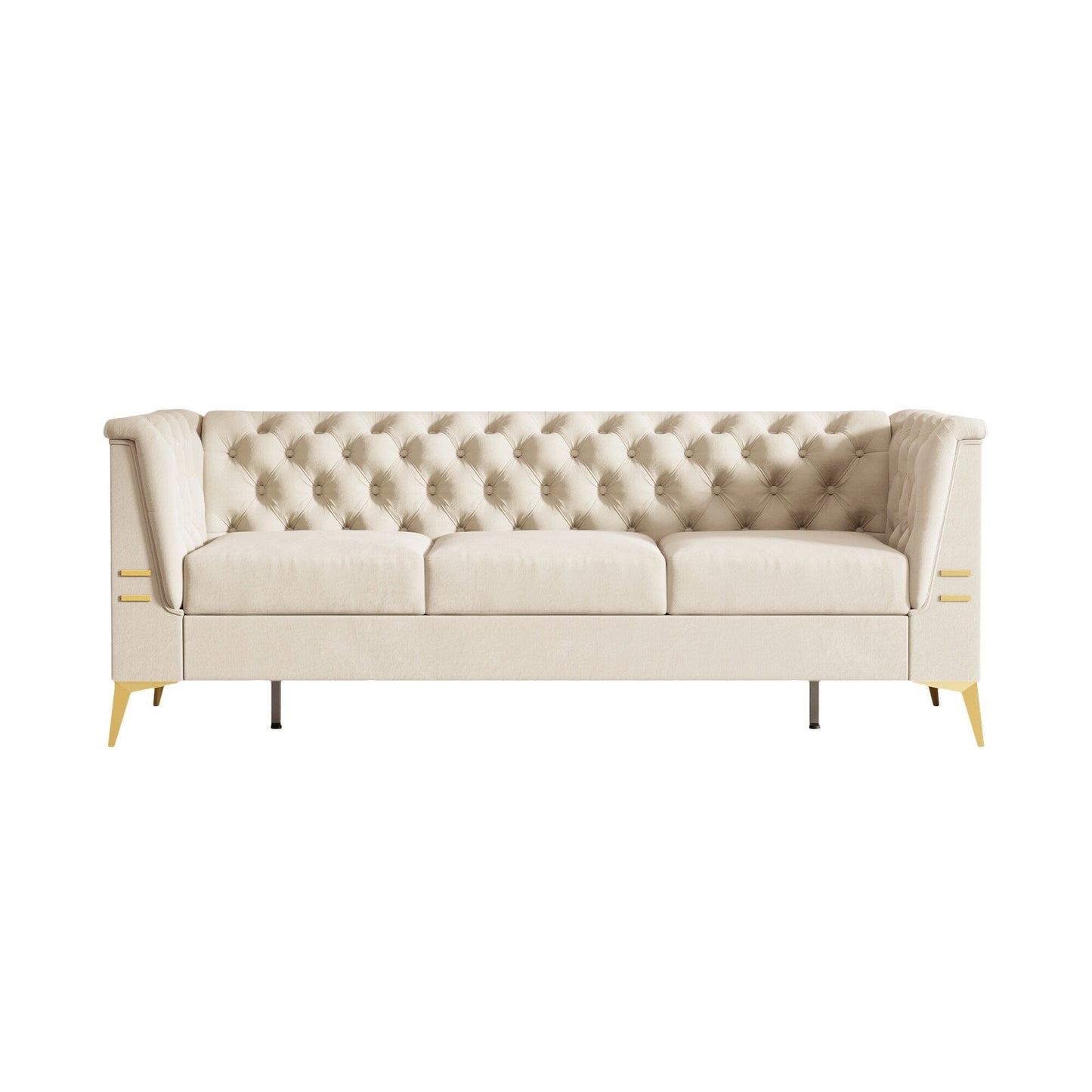 Divano Chesterfield in velluto da 82'' a 3 posti con gambe in metallo dorato, spugna ad alto rimbalzo e cuscini rimovibili