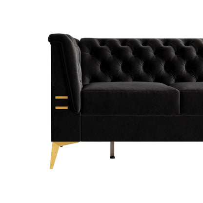 Divano Chesterfield in velluto da 82'' a 3 posti con gambe in metallo dorato, spugna ad alto rimbalzo e cuscini rimovibili