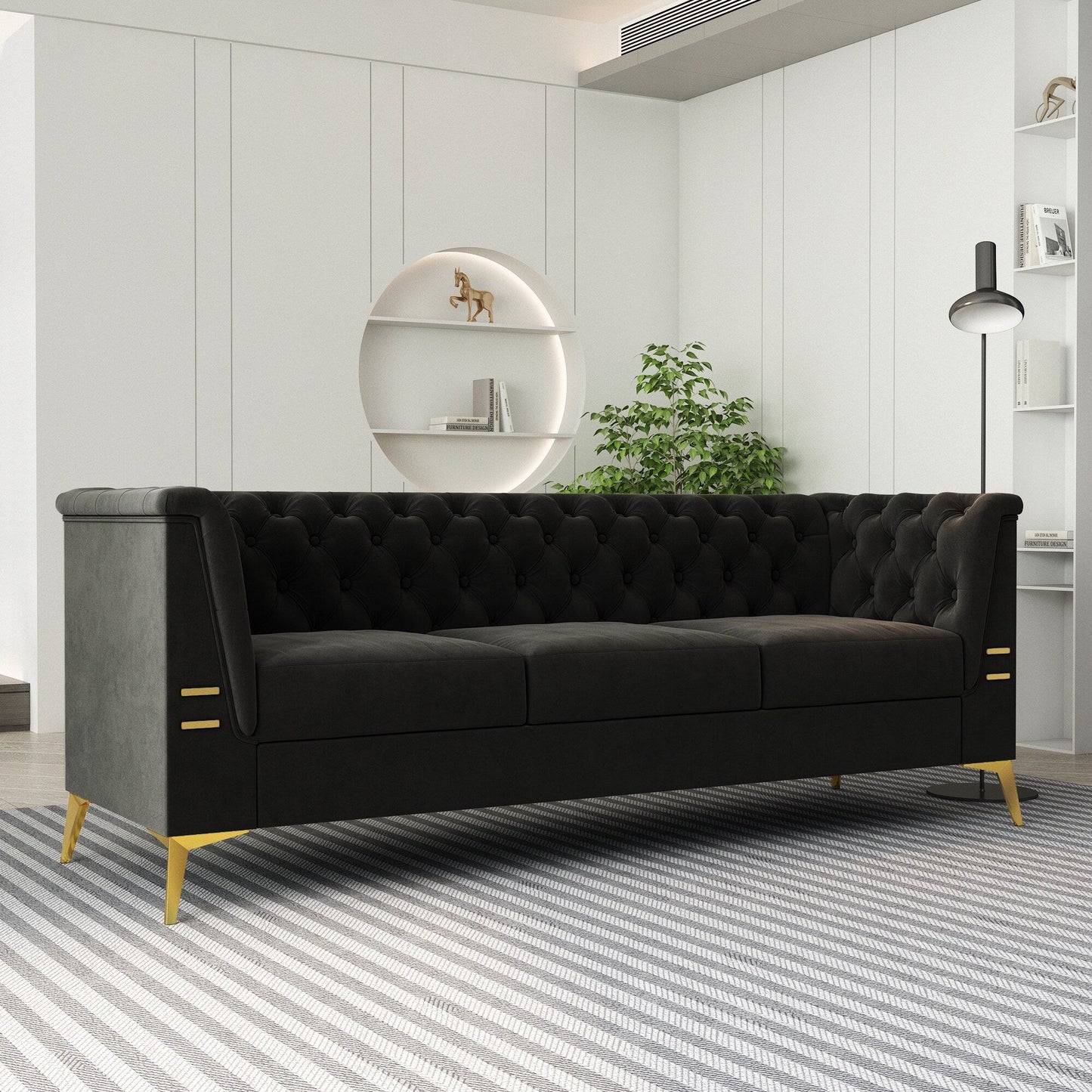Divano Chesterfield in velluto da 82'' a 3 posti con gambe in metallo dorato, spugna ad alto rimbalzo e cuscini rimovibili